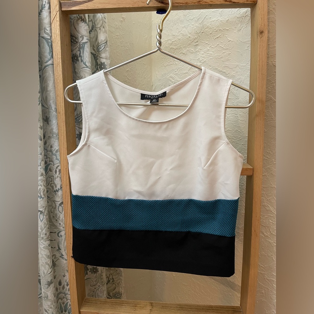 Perceptions Petite Sleeveless Top Color Block White Turquoise Career Tank 6p